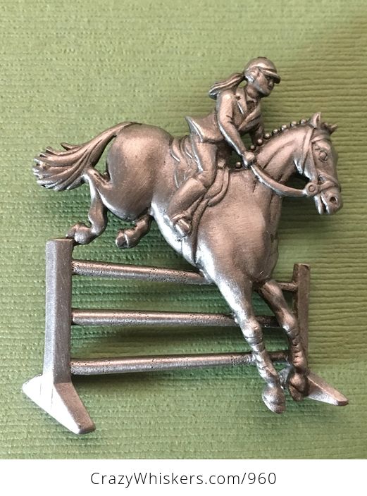 Vintage Silver Tone Jj Equestrian Horse Jumping Girl Brooch Pin - #QWpYiQ5Z3EQ-1