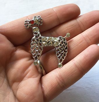 Vintage Silver Toned Poodle Brooch Pin with a Red Eye and Rhinestones #nBVWonCw29k