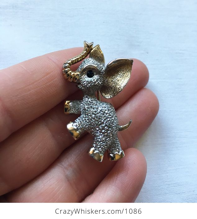 Vintage Textured Adorable Elephant Brooch Pin in Silver and Gold Tones - #5oGqx7Hum0E-1