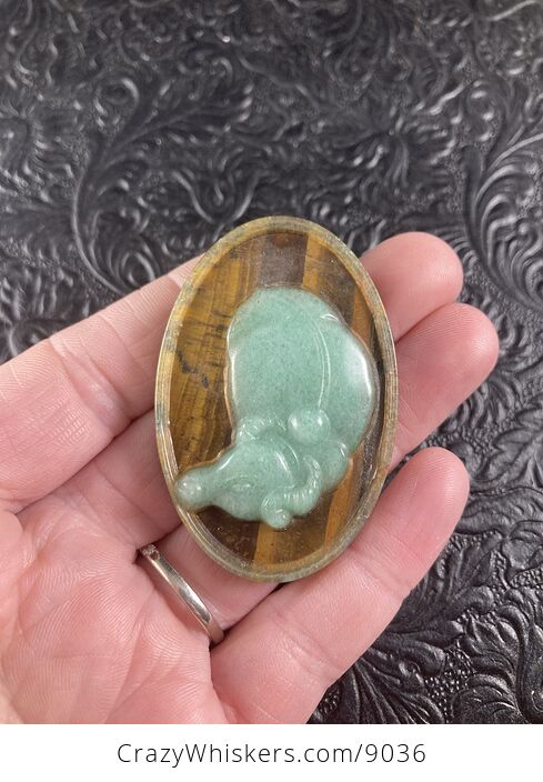 Water Buffalo Carved Aventurine and Tigers Eye Stone Pendant Cabochon Jewelry Mini Art Ornament - #zT06UhubULQ-5
