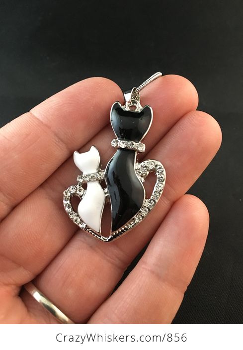 White and Black Cats Pendant with Rhinestones and a Heart - #dUG22mxbiZk-1