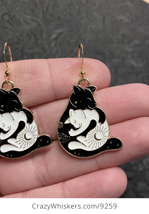 White and Black Hugging Celestial Cat Earrings - #Gq9qWdPXFCc-3