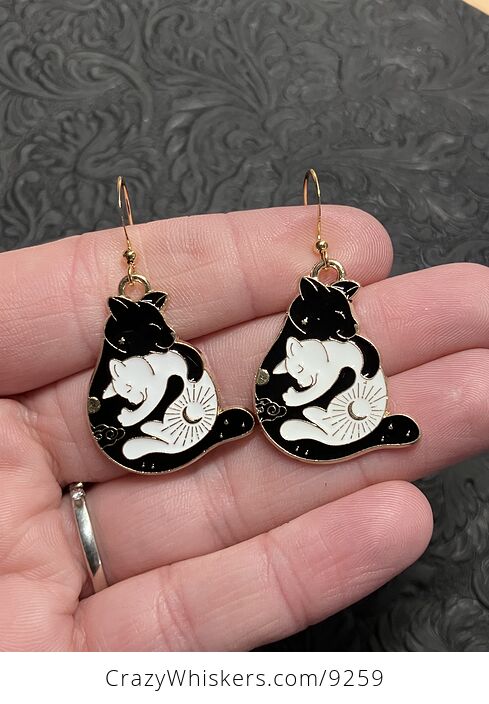 White and Black Hugging Celestial Cat Earrings - #Gq9qWdPXFCc-1