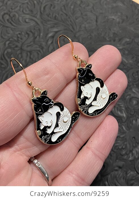 White and Black Hugging Celestial Cat Earrings - #Gq9qWdPXFCc-2