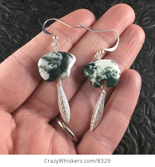 White and Green Tree Moss Agage Bear and Silver Toned Metal Leaf Earrings - #OXr9UduIXW8-1