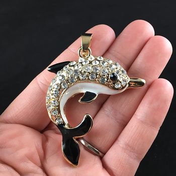 White Black and Gold Rhinestone Crystal Dolphin Jewelry Pendant #PJKJUENmu5k