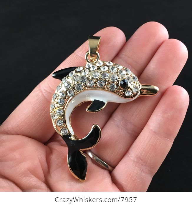 White Black and Gold Rhinestone Crystal Dolphin Jewelry Pendant - #PJKJUENmu5k-1