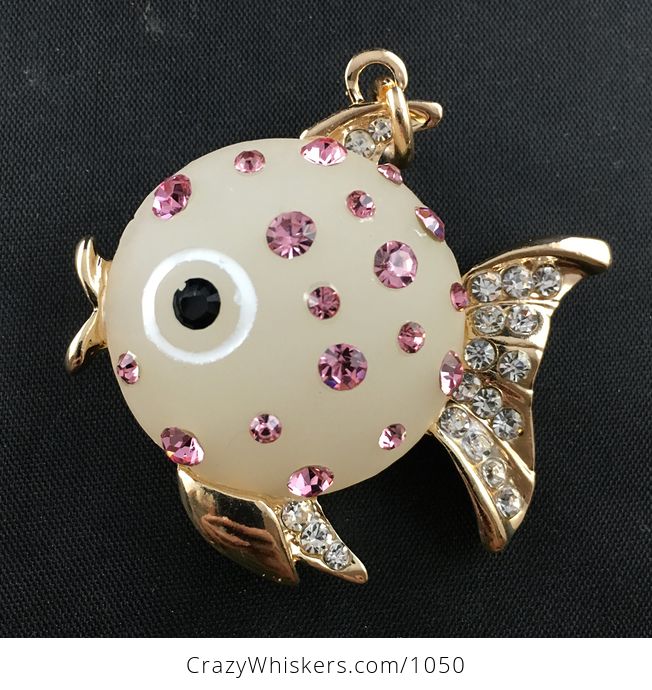 White Fish Pendant with Pink and White Rhinestones on Gold Tone - #XcahP4PXKg0-3