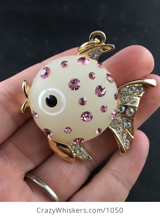 White Fish Pendant with Pink and White Rhinestones on Gold Tone - #XcahP4PXKg0-1