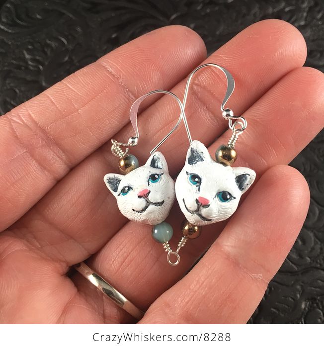 White Hand Painted Peruvian Ceramic Kitty Cat Face Earrings - #t0M9fNRwKPI-1