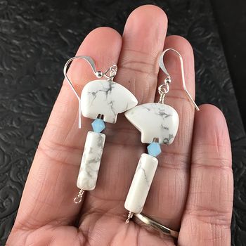 White Howlite Bear and Blue Bead Earrings with Silver Wire #hBYHjzAhtEA