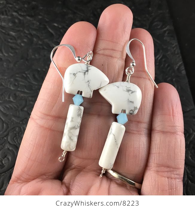 White Howlite Bear and Blue Bead Earrings with Silver Wire - #hBYHjzAhtEA-1