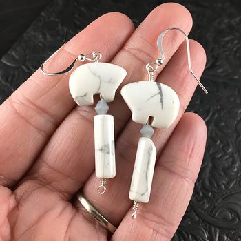 White Howlite Bear and Gray Bead Earrings with Silver Wire #qrYbXf3DnPU