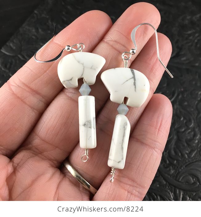 White Howlite Bear and Gray Bead Earrings with Silver Wire - #qrYbXf3DnPU-1