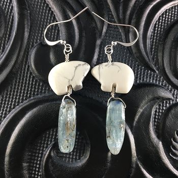 White Howlite Polar Bear and Blue Kyanite Earrings with Silver Wire #7p22PLuPegc