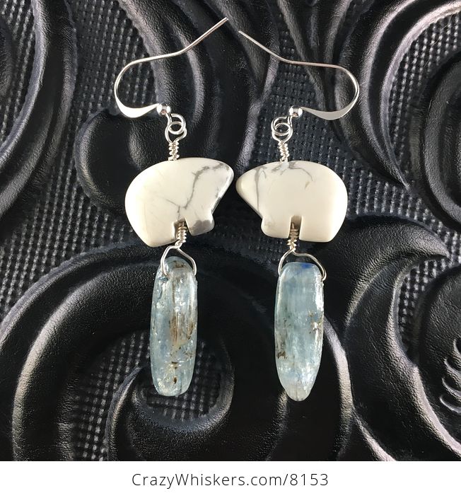 White Howlite Polar Bear and Blue Kyanite Earrings with Silver Wire - #7p22PLuPegc-1