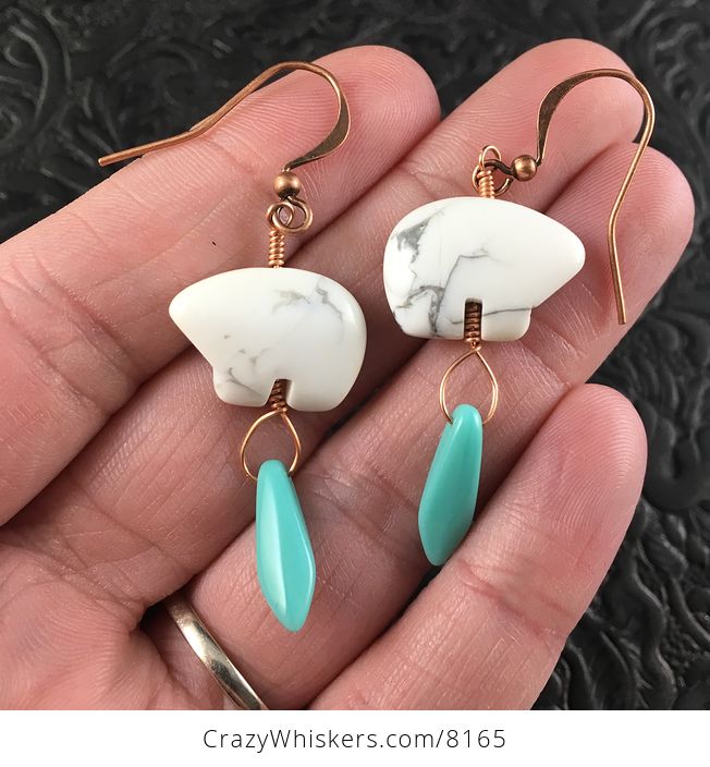 White Howlite Polar Bear and Blue Turquoise Colored Dagger Earrings with Copper Wire - #rPgmPEKyjW8-1