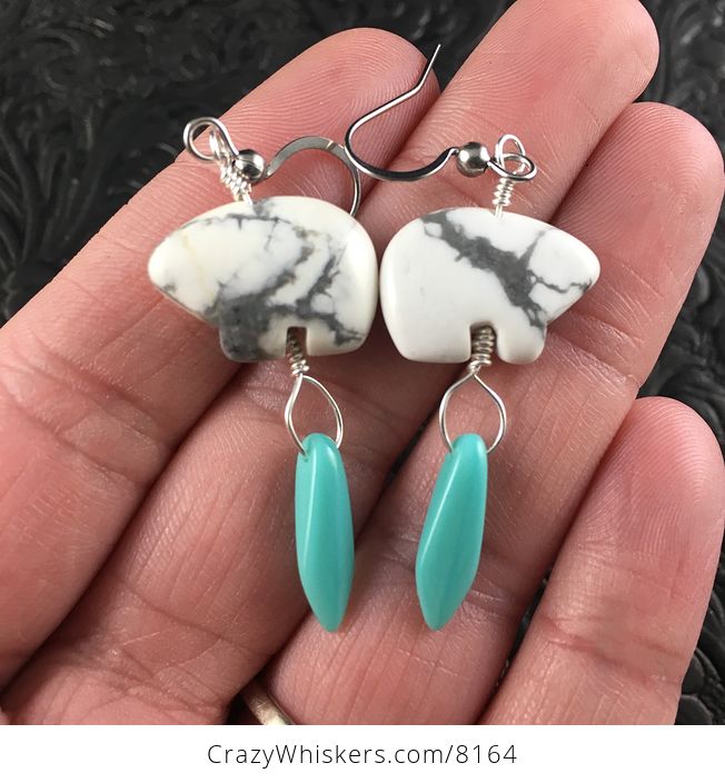 White Howlite Polar Bear and Blue Turquoise Colored Dagger Earrings with Silver Wire - #tQhOTwBbkm0-1