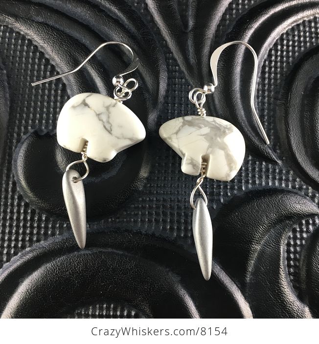 White Howlite Polar Bear and Silver Dagger Earrings with Silver Wire - #f4UvdmIzgHI-1