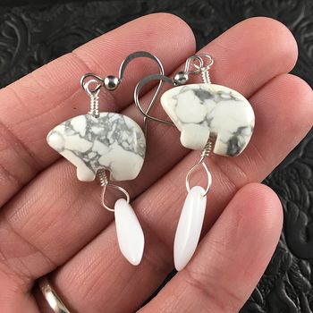 White Howlite Polar Bear and White Dagger Earrings with Silver Wire #3Z9HW97OjI4