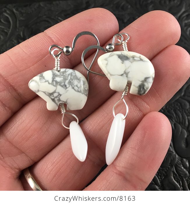 White Howlite Polar Bear and White Dagger Earrings with Silver Wire - #3Z9HW97OjI4-1