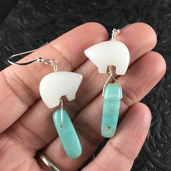 White Jade Bear and Amazonite Earrings with Silver Wire #DLx3oF5X1lY
