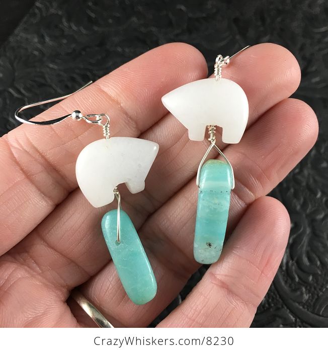 White Jade Bear and Amazonite Earrings with Silver Wire - #DLx3oF5X1lY-1