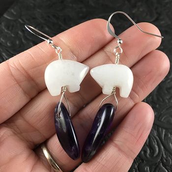 White Jade Bear and Amethyst Earrings with Silver Wire #agCzXCsxbP8
