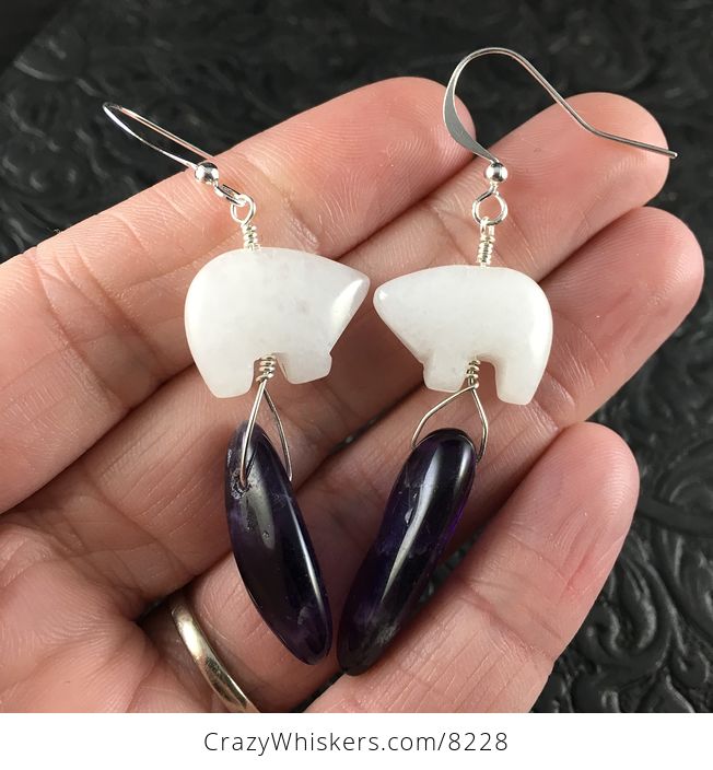 White Jade Bear and Amethyst Earrings with Silver Wire - #agCzXCsxbP8-1