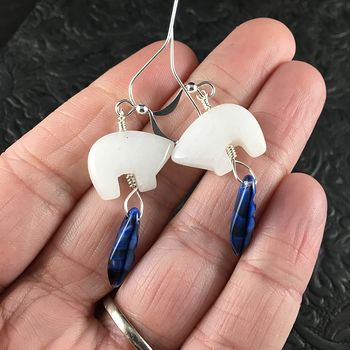 White Jade Bear and Blue Dagger Earrings with Silver Wire #8gnyTAjUqow