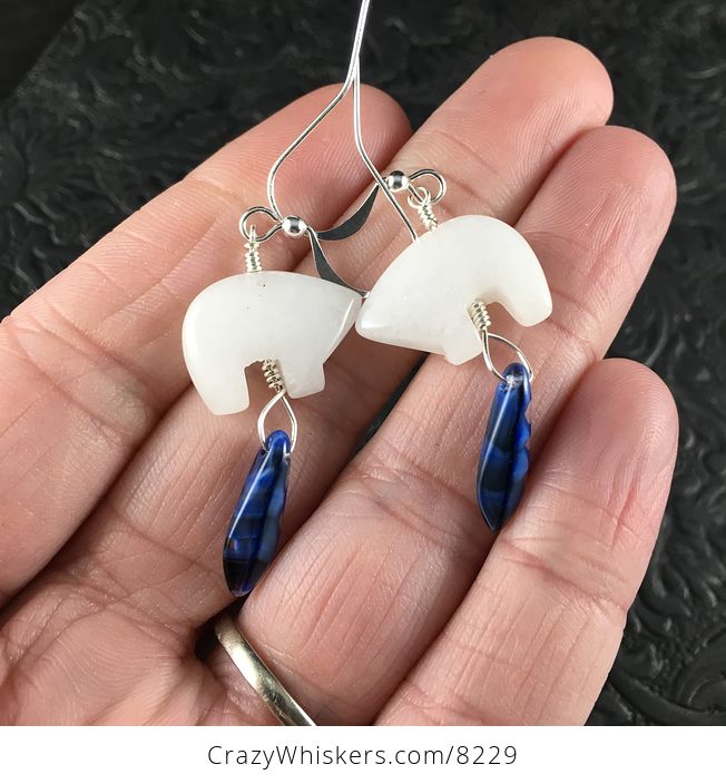 White Jade Bear and Blue Dagger Earrings with Silver Wire - #8gnyTAjUqow-1