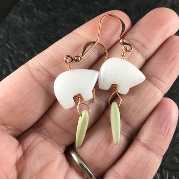 White Jade Bear and Matte Green Dagger Earrings with Copper Wire #DQa4ovYZvbk