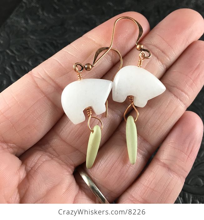 White Jade Bear and Matte Green Dagger Earrings with Copper Wire - #DQa4ovYZvbk-1