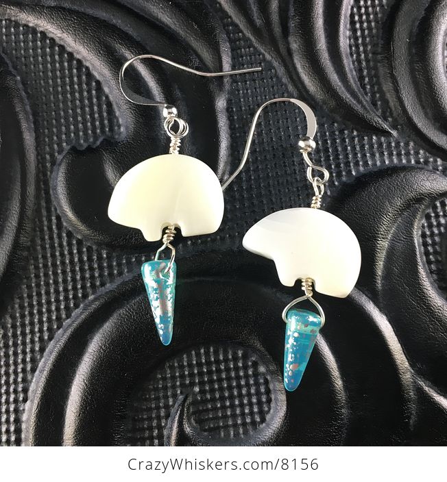 White Mother of Pearl Polar Bear and Arctic Blue Spike Earrings with Silver Wire - #aBOBcmr2THk-1