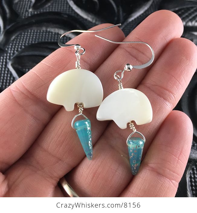 White Mother of Pearl Polar Bear and Arctic Blue Spike Earrings with Silver Wire - #aBOBcmr2THk-2