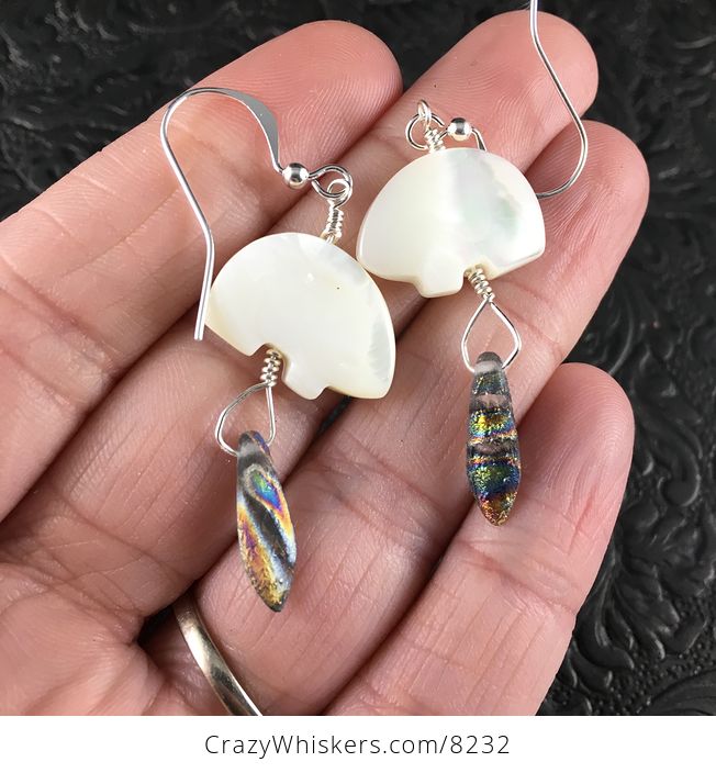 White Mother of Pearl Polar Bear and Etched Northern Lights Dagger Earrings with Silver Wire - #LvgiLhtYLdQ-1
