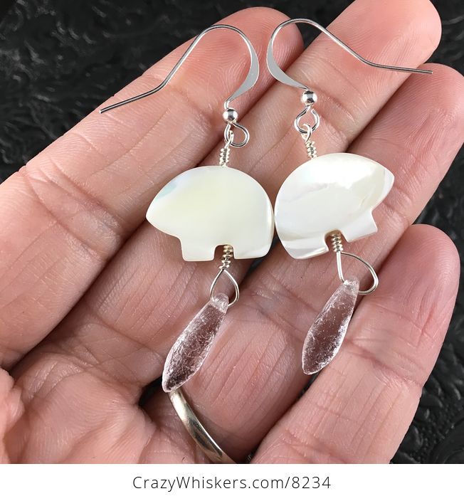 White Mother of Pearl Polar Bear and Ice Dagger Earrings with Silver Wire - #sCbmMECGRGE-1