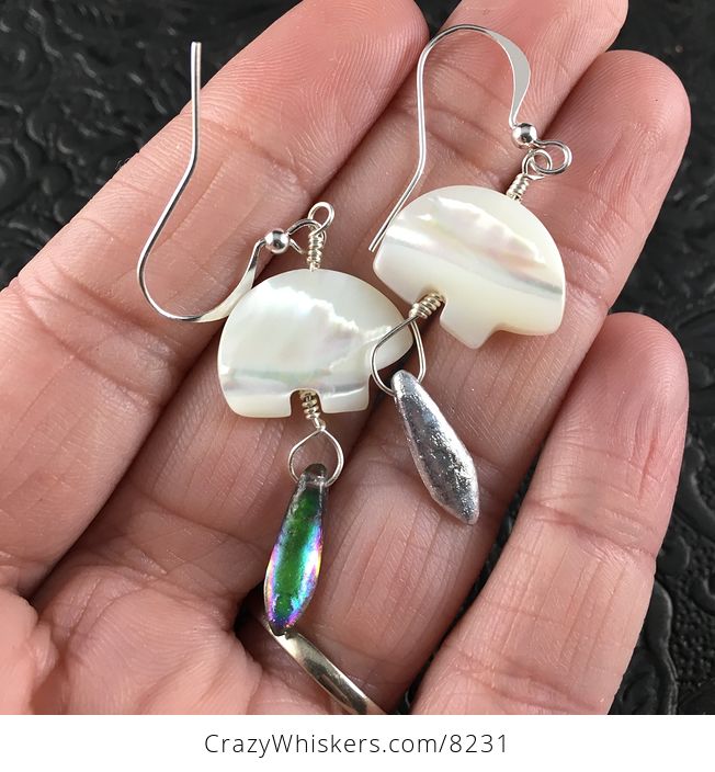 White Mother of Pearl Polar Bear and Northern Lights Dagger Earrings with Silver Wire - #Ci1iV59fIyw-1