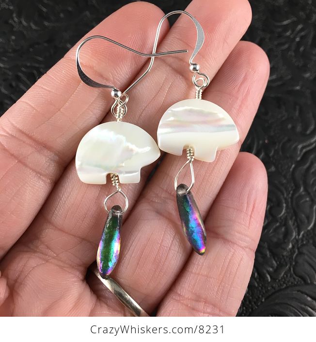 White Mother of Pearl Polar Bear and Northern Lights Dagger Earrings with Silver Wire - #Ci1iV59fIyw-2