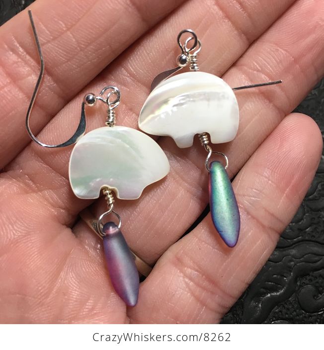 White Mother of Pearl Polar Bear and Purple Aurora Borealis Earrings with Silver Wire - #IKHANCpoGB0-3