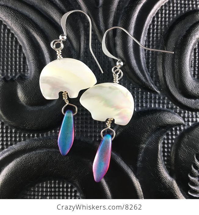 White Mother of Pearl Polar Bear and Purple Aurora Borealis Earrings with Silver Wire - #IKHANCpoGB0-1