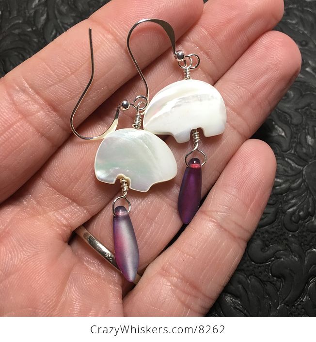 White Mother of Pearl Polar Bear and Purple Aurora Borealis Earrings with Silver Wire - #IKHANCpoGB0-2