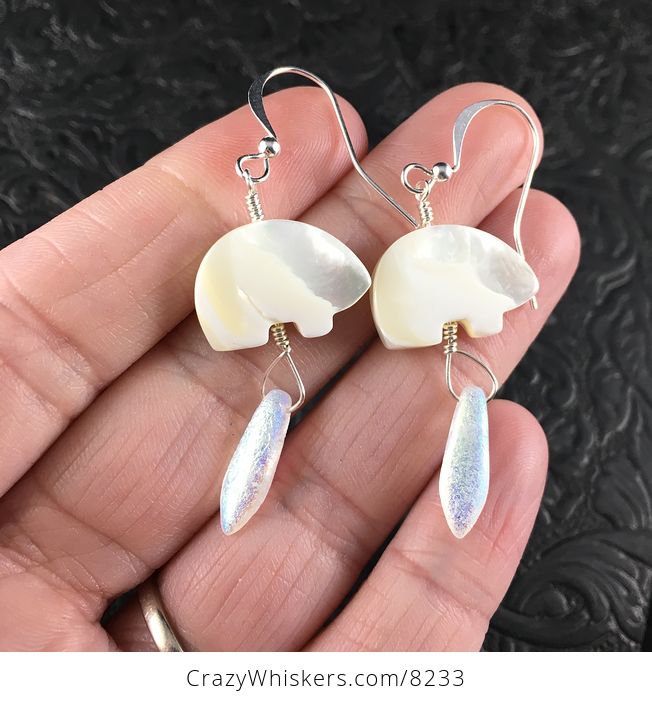White Mother of Pearl Polar Bear and Shimmery White Dagger Earrings with Silver Wire - #Pp57uEaqrnM-1