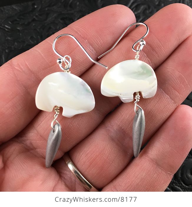 White Mother of Pearl Polar Bear and Silver Spike Earrings with Silver Wire - #IfTvJchpXLY-1