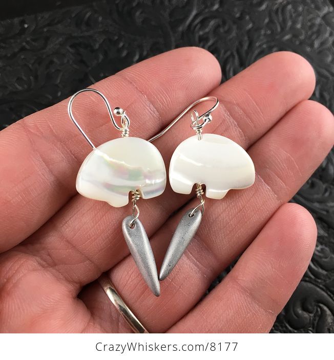 White Mother of Pearl Polar Bear and Silver Spike Earrings with Silver Wire - #IfTvJchpXLY-2