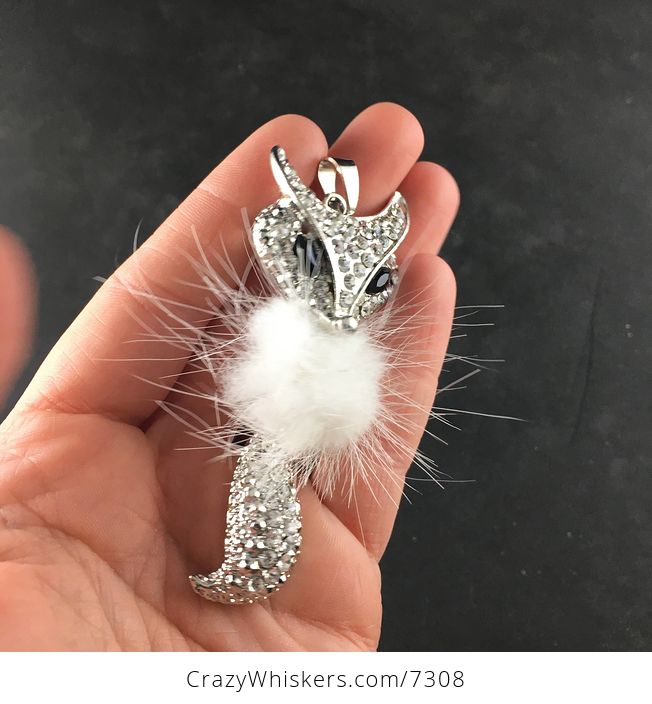 White Puff and Rhinestone Wiggly Fox Bling Pendant Jewelry Necklace - #dCCY7s2yra4-4