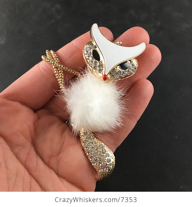White Puff and Rhinestone Wiggly Fox Blingy Pendant Jewelry Necklace - #fVAX6CpRizE-2