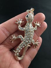 White Rhinestone and Gold Tone Gecko Lizard Pendant #mhZooNOVZwc