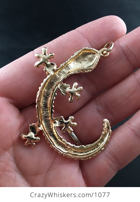 White Rhinestone and Gold Tone Gecko Lizard Pendant - #mAIfOc4EFtA-2