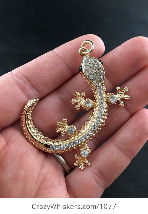 White Rhinestone and Gold Tone Gecko Lizard Pendant - #mAIfOc4EFtA-1